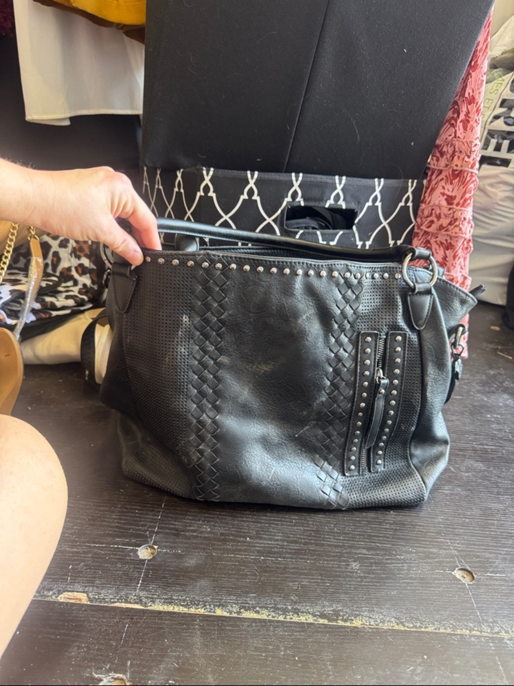 TOP Moda Black Studded Woven-Accent Shoulder Bag